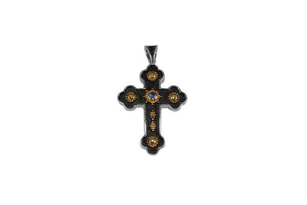Silver handmade cross with sapphire 0063