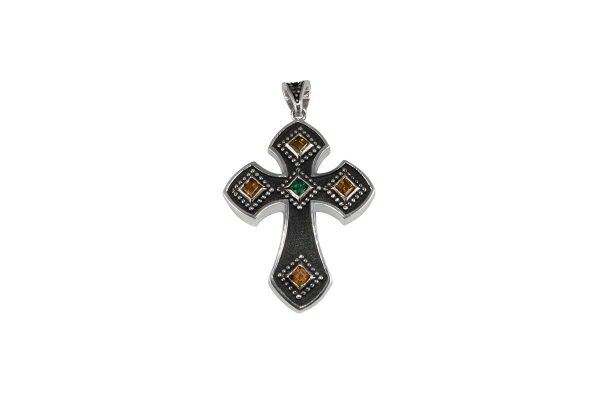 Silver handmade cross with emerald and citrin 0069