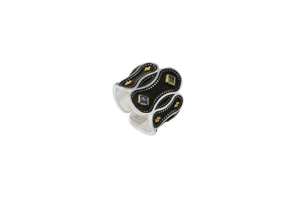Silver handmade ring with sapphire and emerald 2079