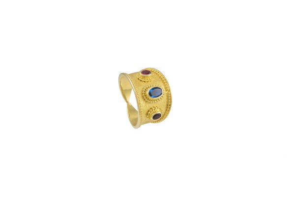 Silver handmade ring with sapphire and rubies 1007