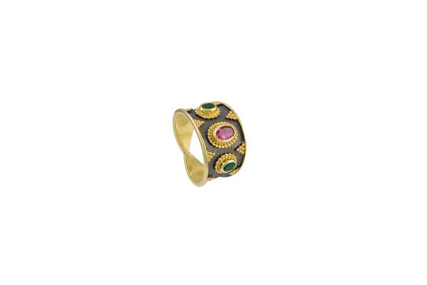Silver handmade ring with emeralds and ruby 1039